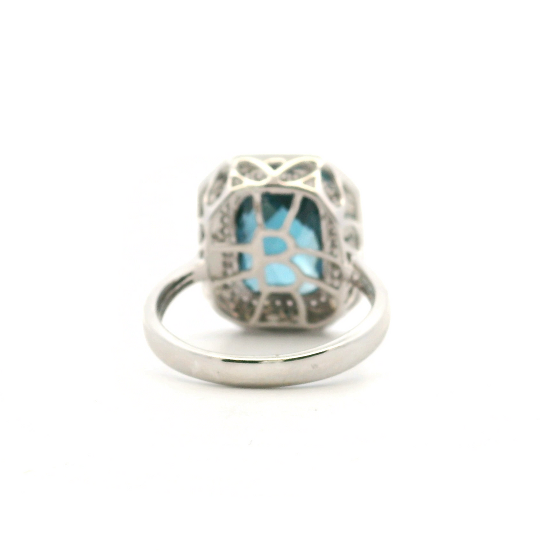 14K White Gold 4.59CTW London Blue Topaz, Diamond, and White Enamel Halo Ring