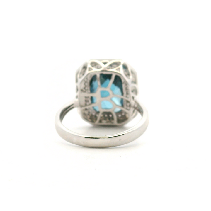 14K White Gold 4.59CTW London Blue Topaz, Diamond, and White Enamel Halo Ring