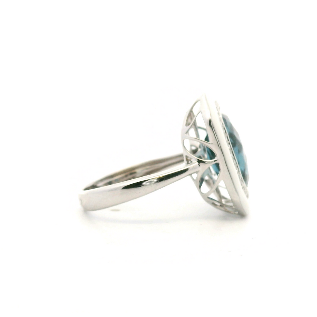 14K White Gold 4.59CTW London Blue Topaz, Diamond, and White Enamel Halo Ring