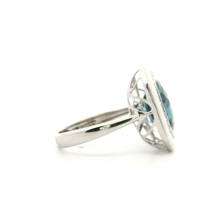 14K White Gold 4.59CTW London Blue Topaz, Diamond, and White Enamel Halo Ring
