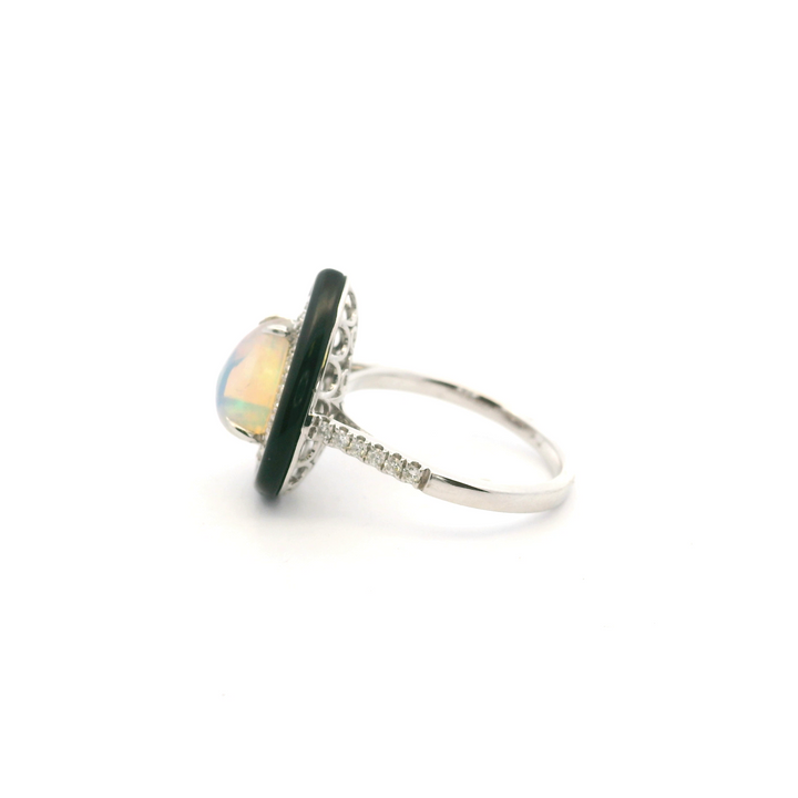 14K White Gold 1.77CTW Opal, Diamond, & Black Enamel Halo Ring