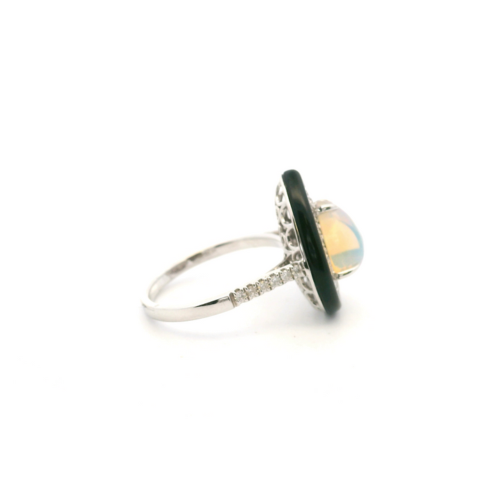14K White Gold 1.77CTW Opal, Diamond, & Black Frame Halo Ring