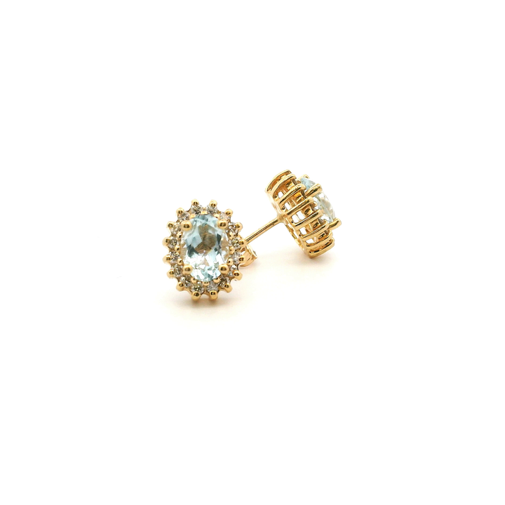 14K Yellow Gold 1.60CTW Oval Aquamarine & Diamond Halo Stud Earrings
