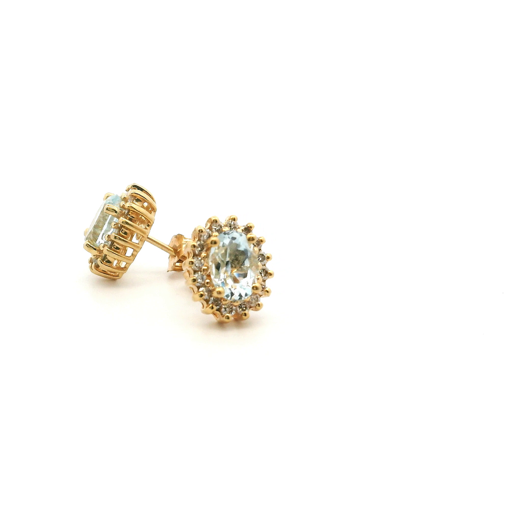 14K Yellow Gold 1.60CTW Oval Aquamarine & Diamond Halo Stud Earrings