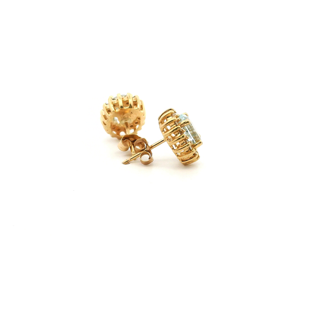 14K Yellow Gold 1.60CTW Oval Aquamarine & Diamond Halo Stud Earrings