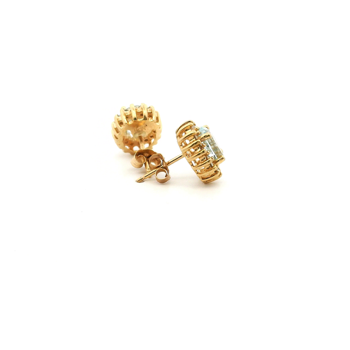 14K Yellow Gold 1.60CTW Oval Aquamarine & Diamond Halo Stud Earrings