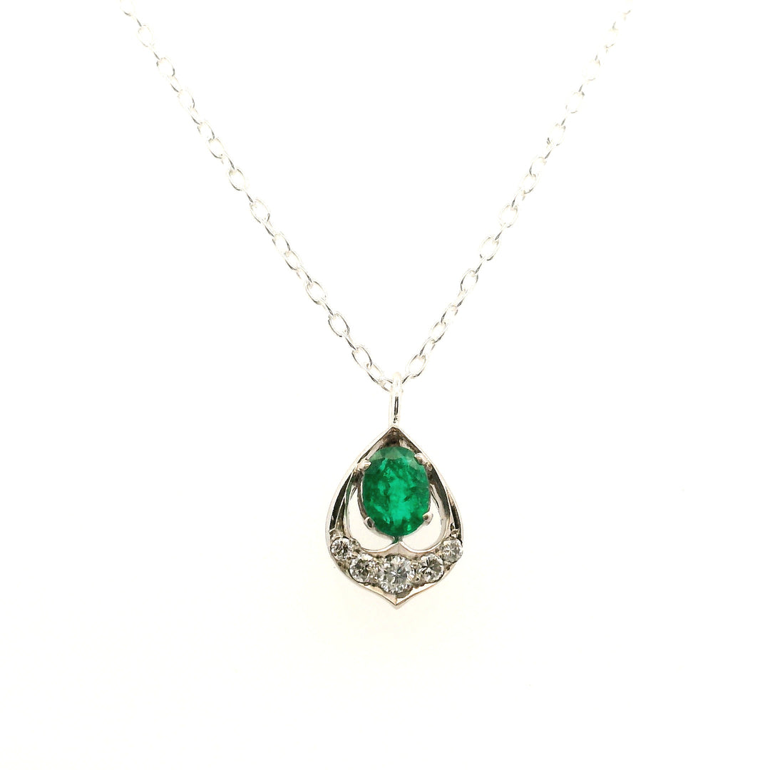 Estate Sterling Silver Oval Emerald & Diamond Pendant Necklace, 16-20"
