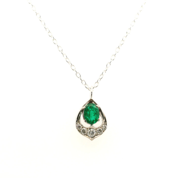 Estate Sterling Silver Oval Emerald & Diamond Pendant Necklace, 16-20"