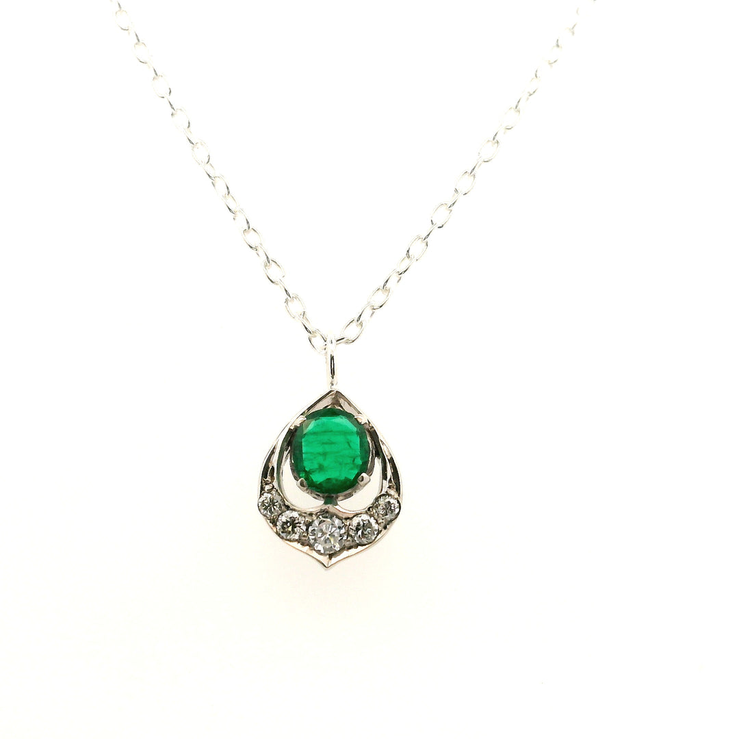 Estate Sterling Silver 0.50CTW Emerald & Diamond Vintage Pendant Necklace