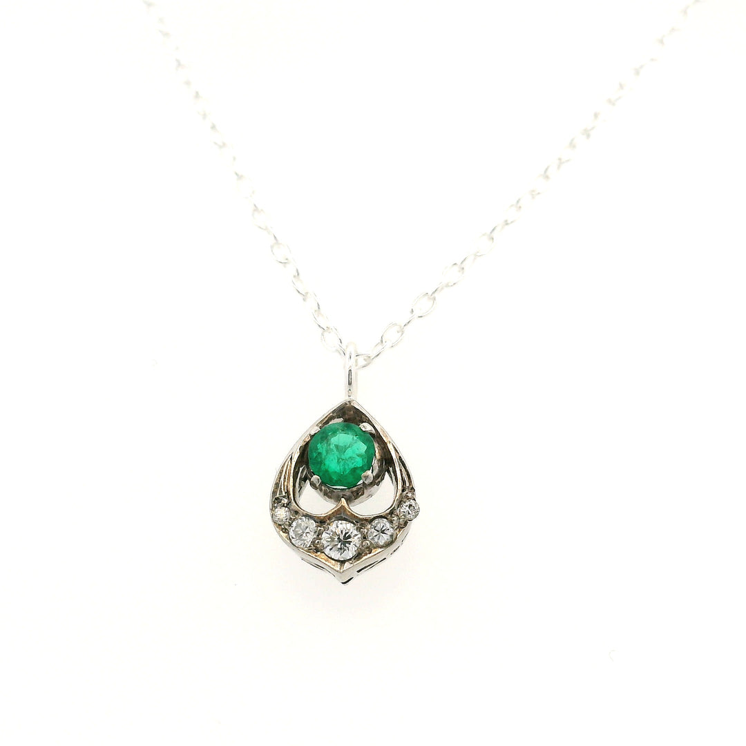 Estate Sterling Silver 0.31CTW Emerald & Diamond Vintage Pendant Necklace