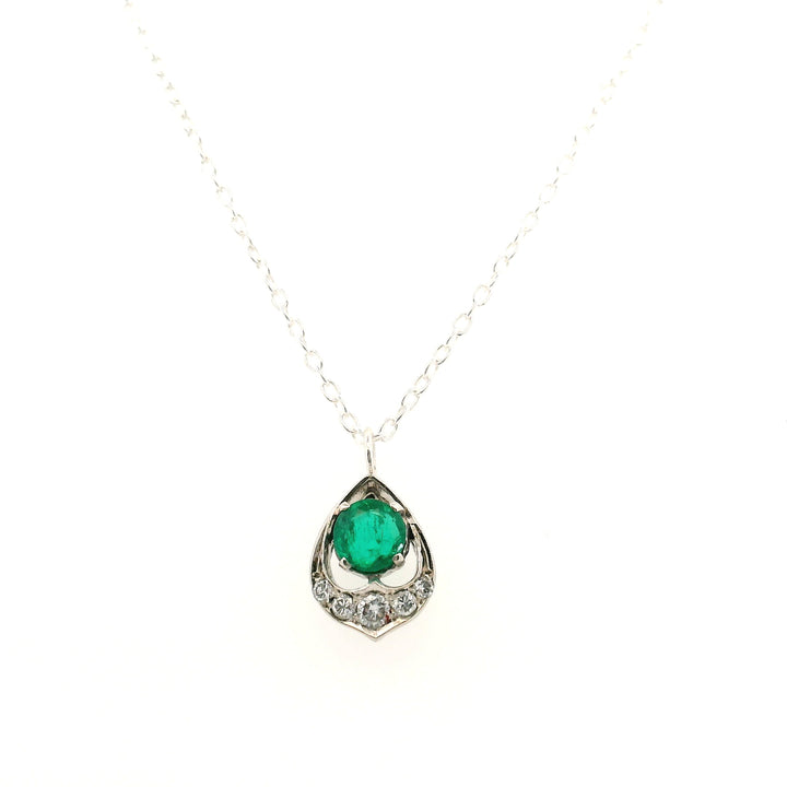 Estate Sterling Silver 0.60CTW Emerald & Diamond Vintage Pendant Necklace