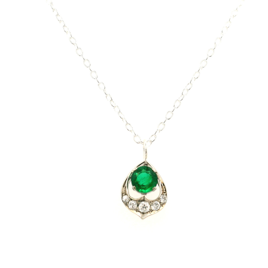 Estate Sterling Silver 0.51CTW Emerald & Diamond Vintage Pendant Necklace