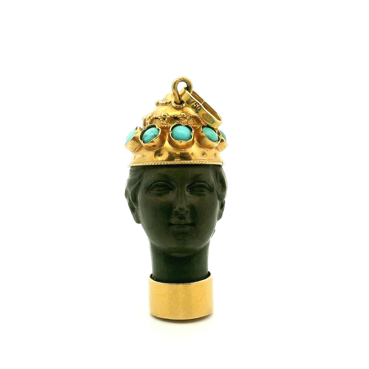Estate 18K Yellow Gold Turquoise & Natural Stone Carved Grecian Queen Pendant