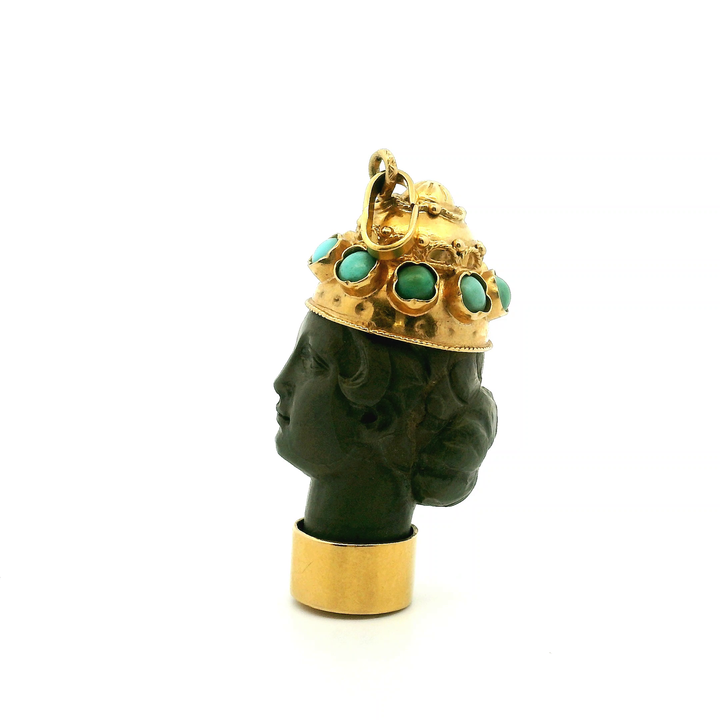 Estate 18K Yellow Gold Turquoise & Natural Stone Carved Grecian Queen Pendant