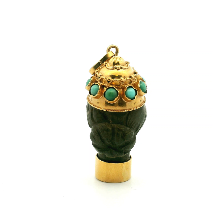 Estate 18K Yellow Gold Turquoise & Natural Stone Carved Grecian Queen Pendant
