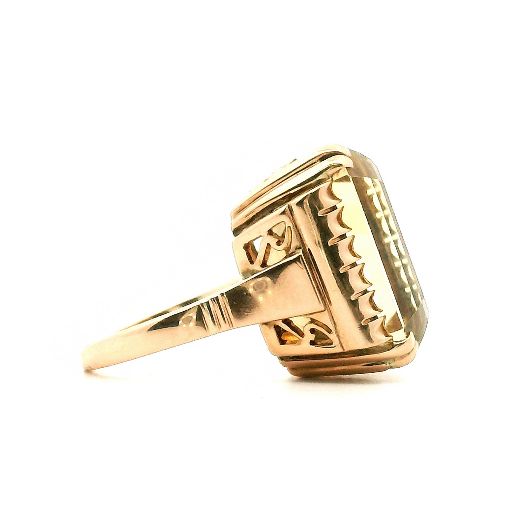 Estate 14K Yellow Gold 21.63 CT Emerald-Cut Citrine Solitaire Vintage Ring