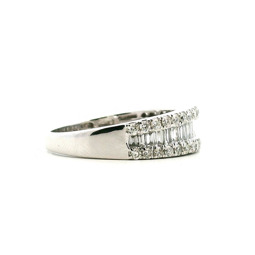 14K White Gold 0.92CTW Baguette & Round Diamond Multi Row Band