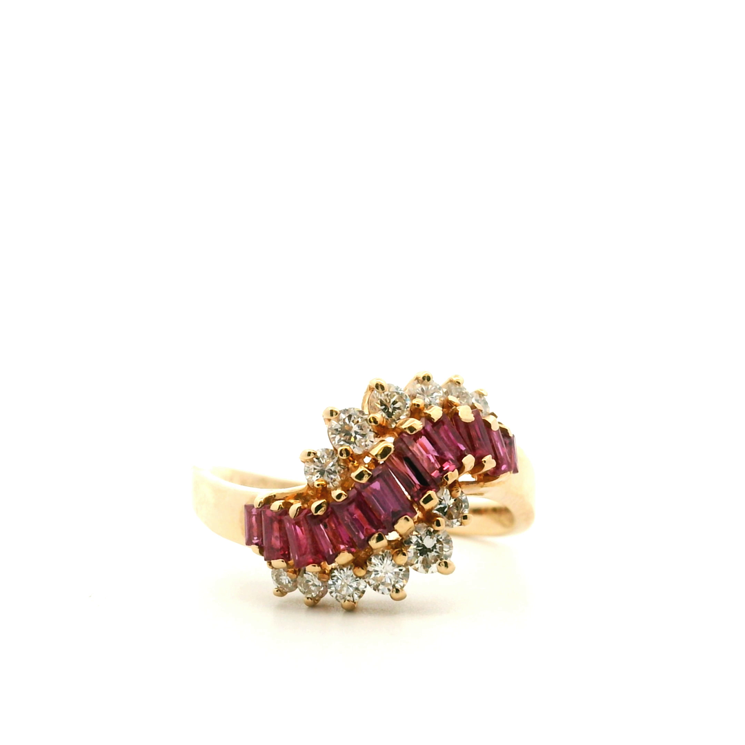 Estate 14K Yellow Gold Diamond & Baguette Synthetic Ruby Cluster Wave Ring, Size 8.75
