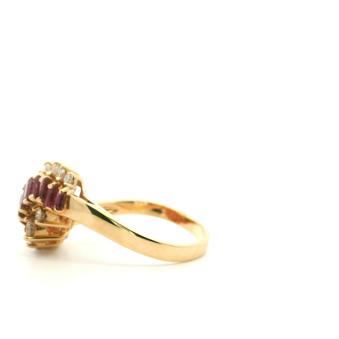 Estate 14K Yellow Gold Diamond & Baguette Synthetic Ruby Cluster Wave Ring, Size 8.75