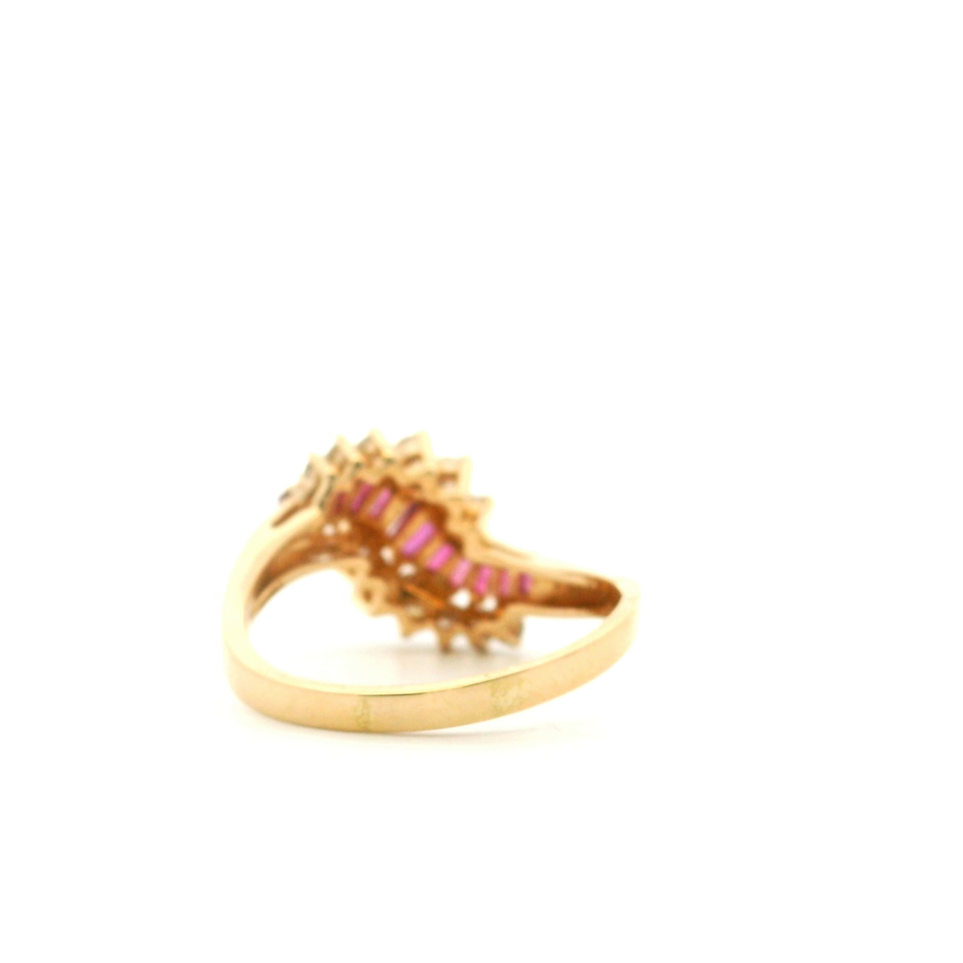 Estate 14K Yellow Gold Diamond & Baguette Synthetic Ruby Cluster Wave Ring, Size 8.75