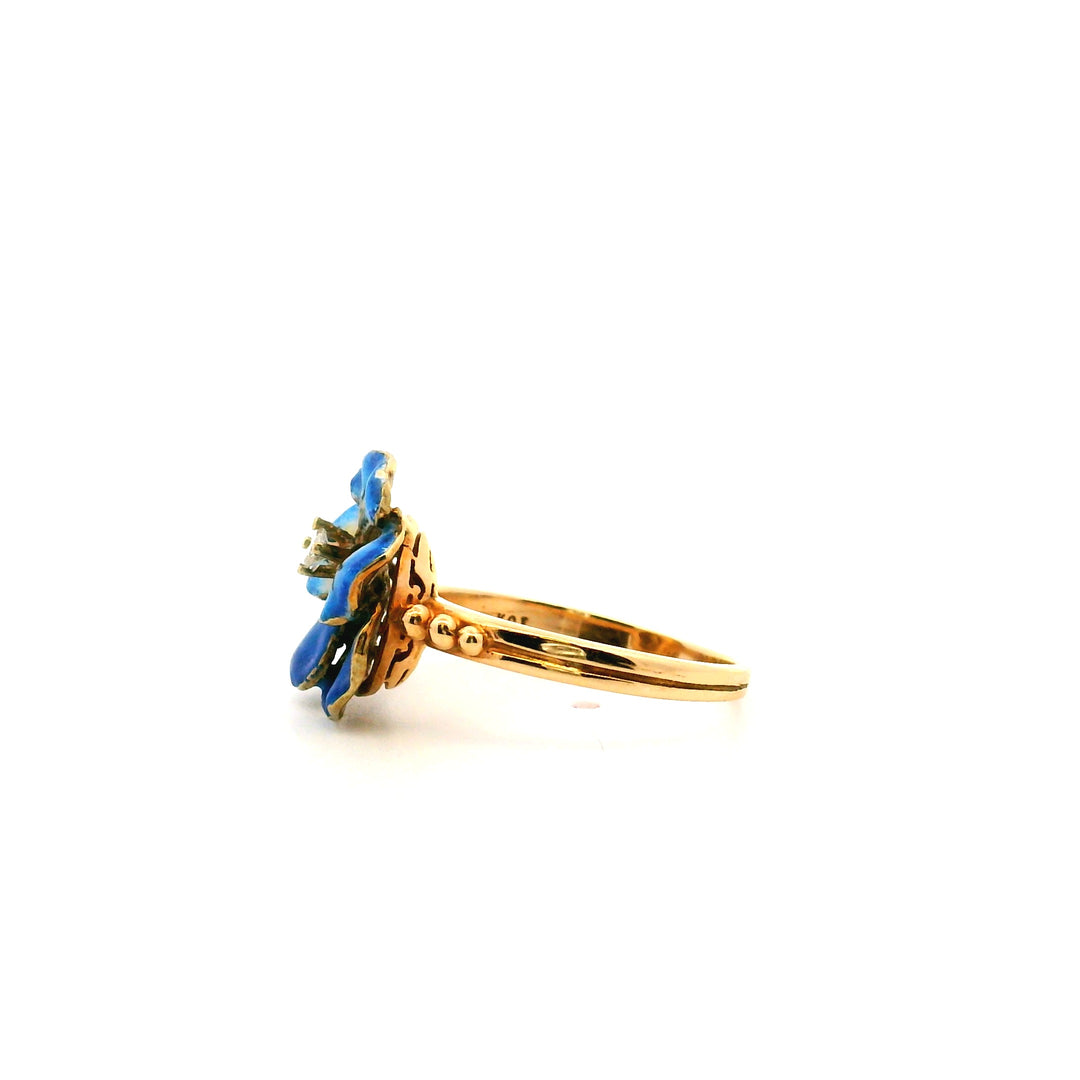 Estate 14K Yellow Gold Diamond Painted Pansy Ring, Size 6.75, circa 1900