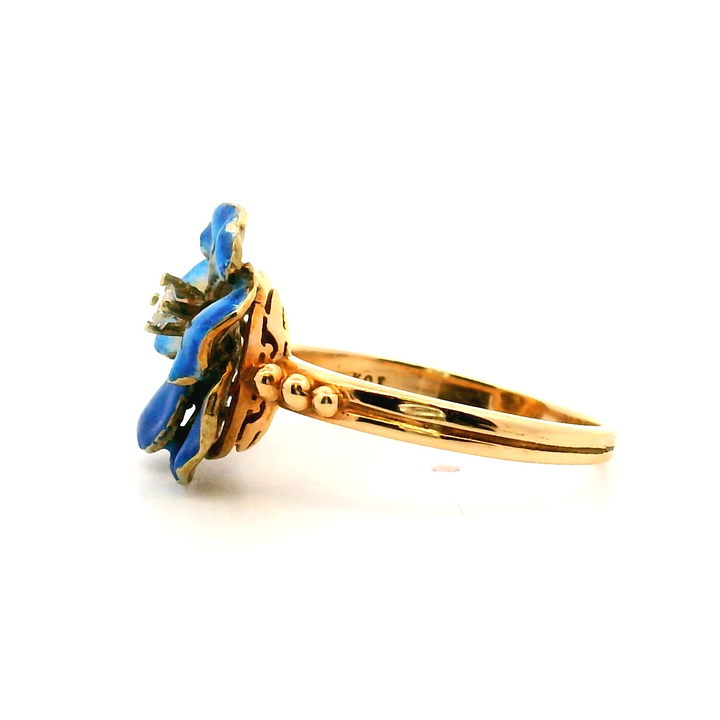 Estate 14K Yellow Gold Diamond Painted Pansy Ring