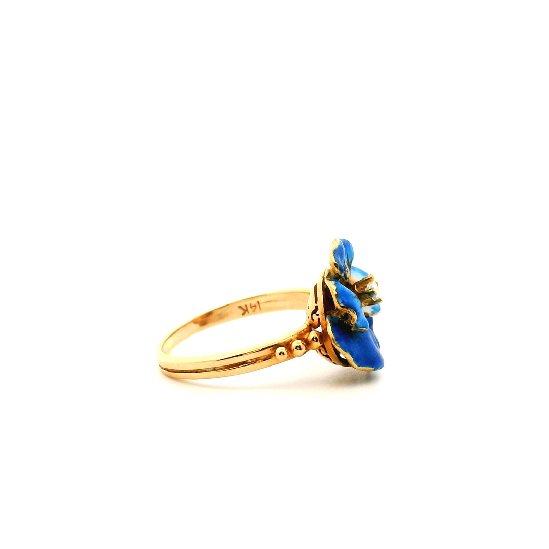 Estate 14K Yellow Gold Diamond Painted Pansy Ring, Size 6.75, circa 1900