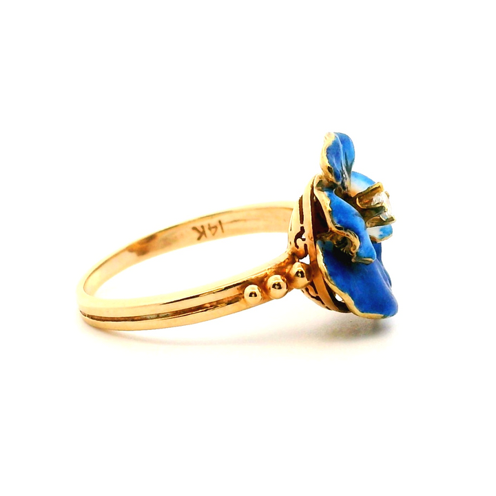 Estate 14K Yellow Gold Diamond Painted Pansy Ring