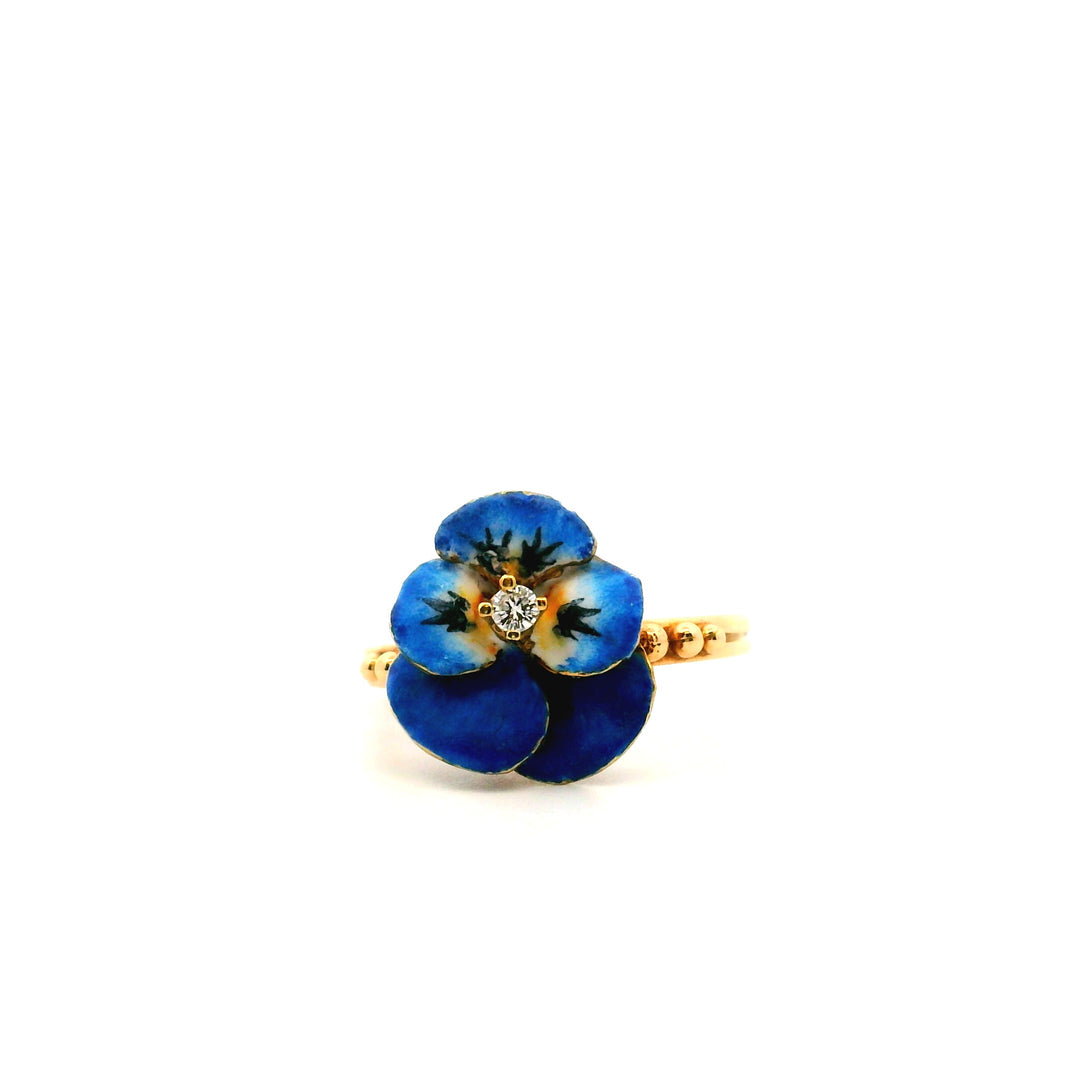 Estate 14K Yellow Gold Diamond Painted Pansy Ring, Size 6.75, circa 1900