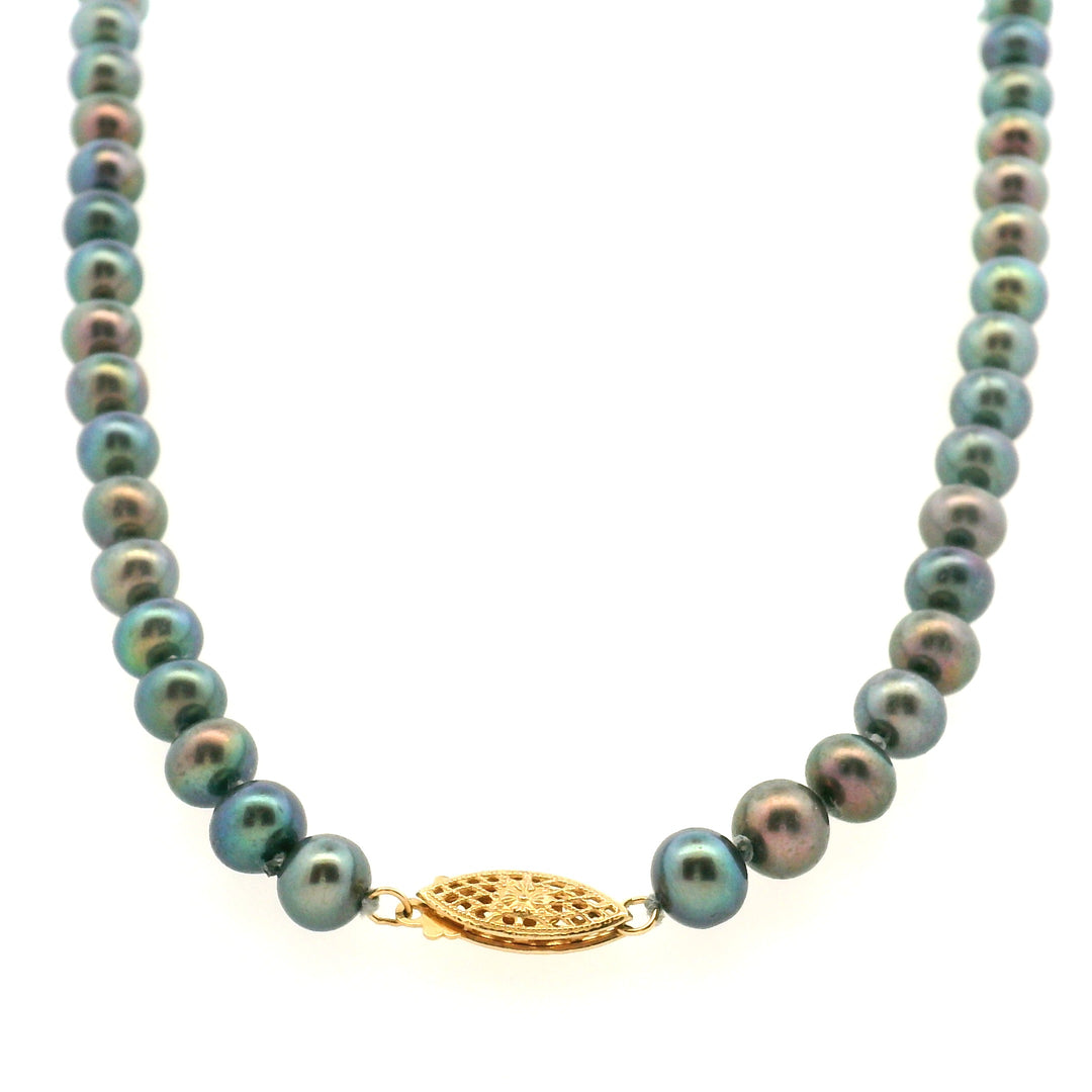 Estate 14K Yellow Gold 6.8MM Cultured Grey Pearl Strand Necklace