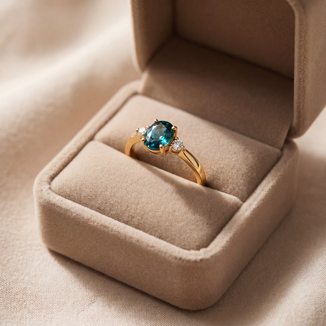 Estate 14K Yellow Gold Oval Blue Sapphire & Diamond Three-Stone Ring