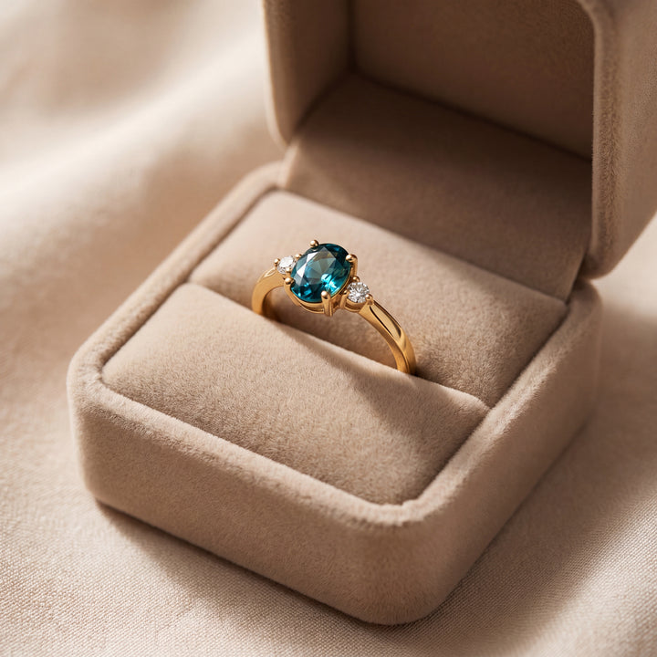 Estate 14K Yellow Gold Oval Blue Sapphire & Diamond Three-Stone Ring