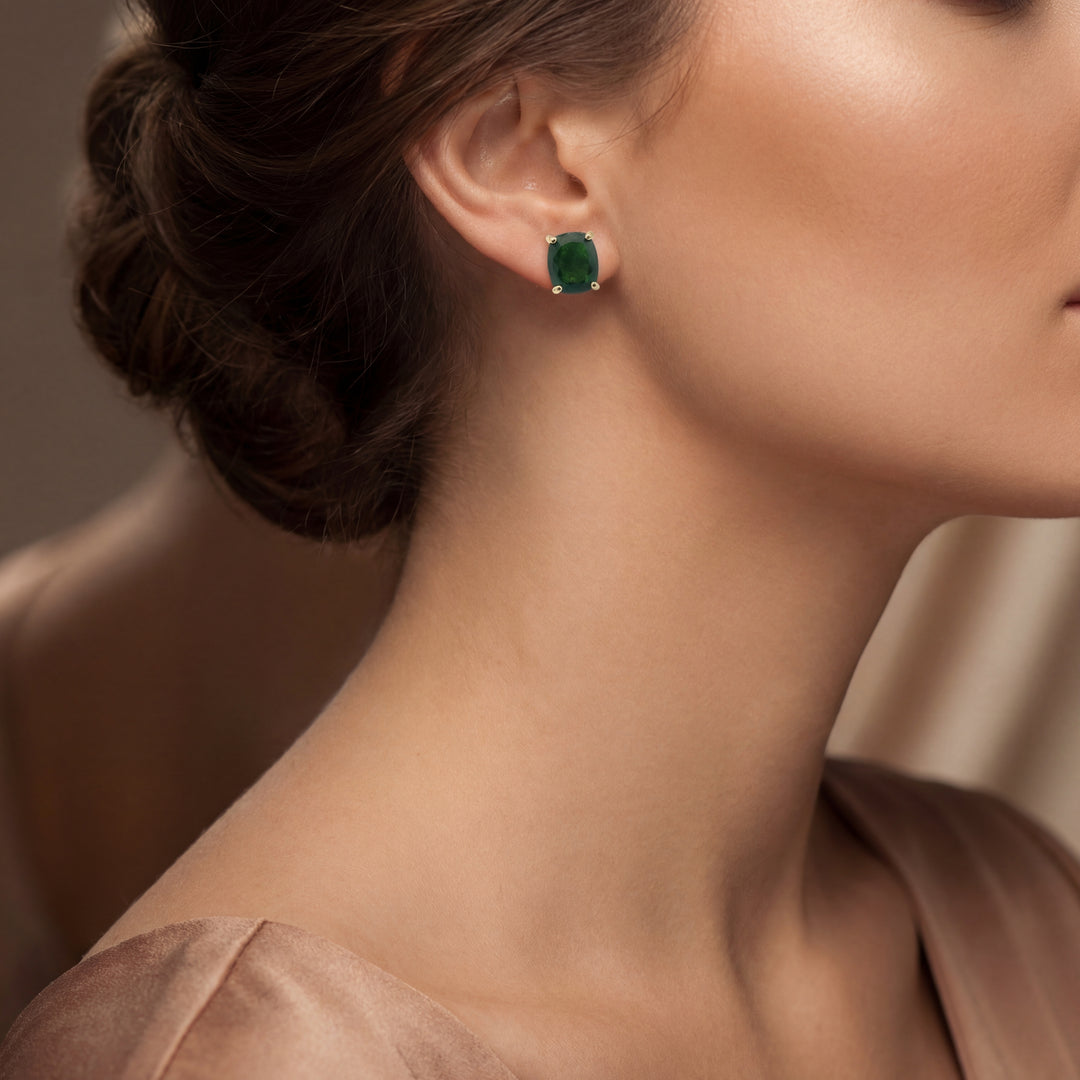 Estate Yellow Gold Vermeil Cushion-Cut Chrome Diopside Stud Earrings