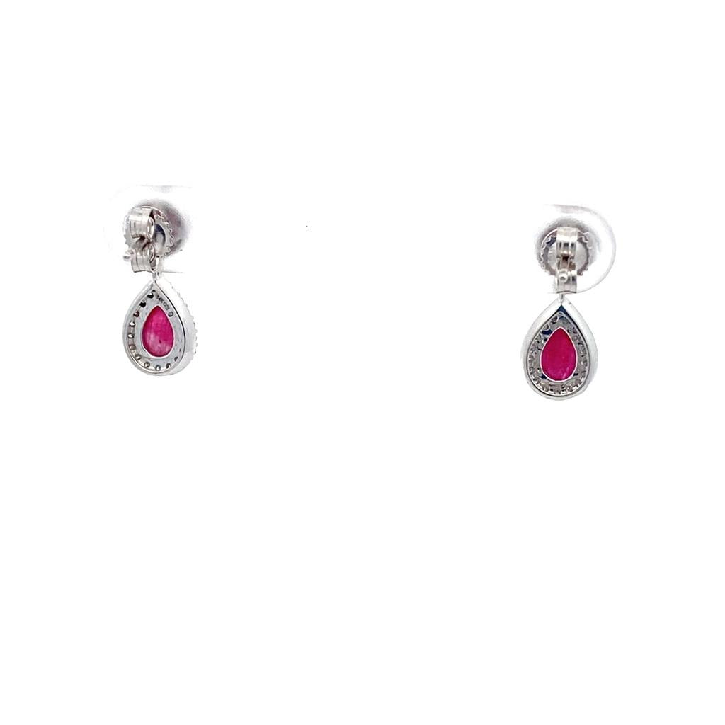 14K White Gold Cabochon Ruby & Diamond Halo Drop Earrings