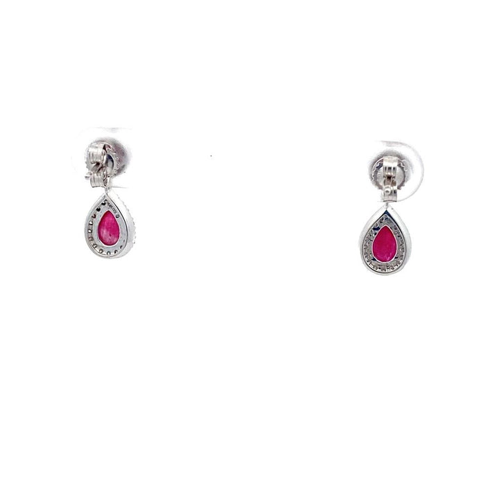 14K White Gold Cabochon Ruby & Diamond Halo Drop Earrings