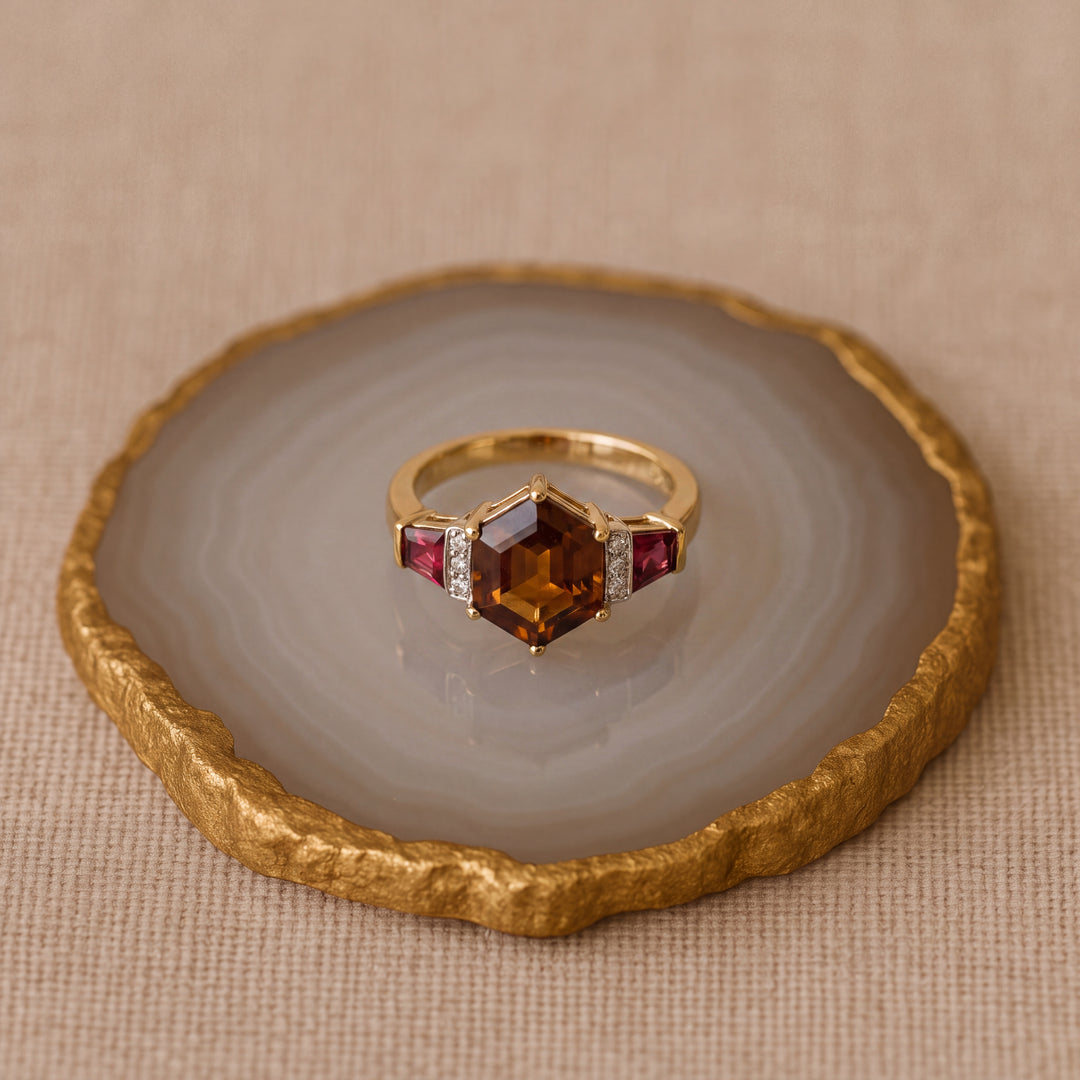 Estate 14KT Yellow Gold Hexagonal Smoky Quartz, Garnet & Diamond Three-Stone Ring