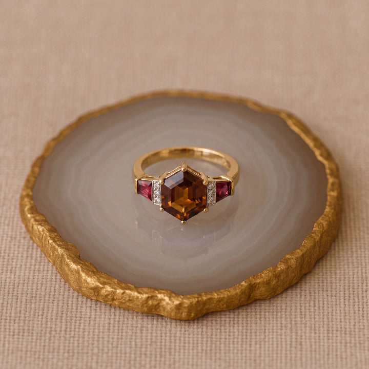 Estate 14KT Yellow Gold Hexagonal Smoky Quartz, Garnet & Diamond Three-Stone Ring