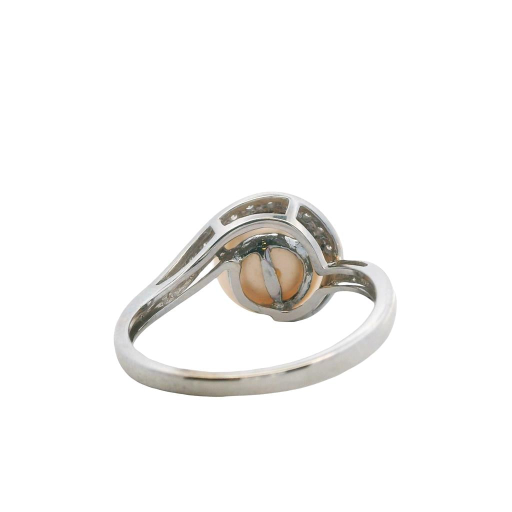 Estate 10K White Gold 9mm Freshwater Pearl & Diamond Bypass Ring
