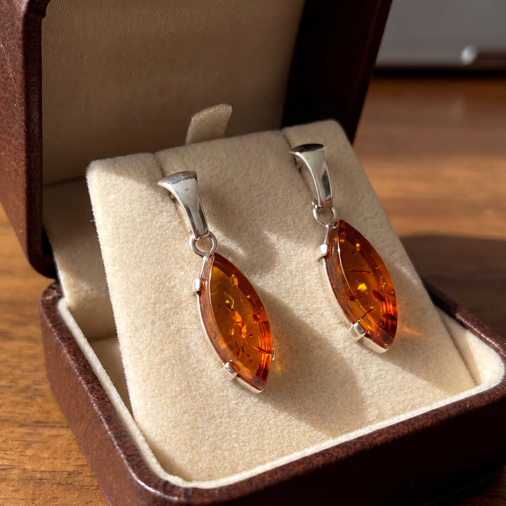 Estate Sterling Silver Marquise Amber Drop Earrings