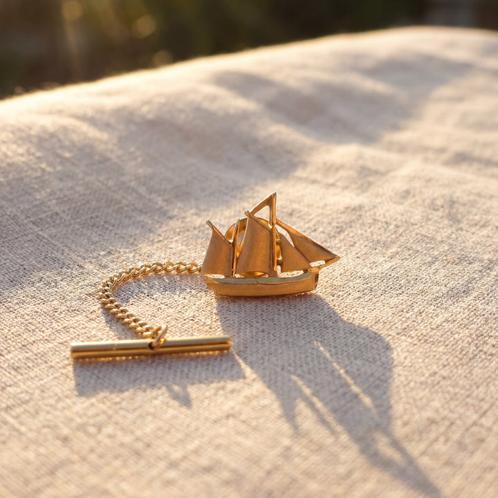 Estate Pewter Vintage Sailboat Tie Pin with Yellow Coating