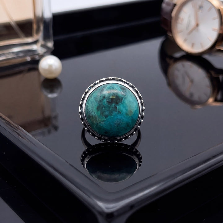Estate Sterling Silver Round Cabochon Azurite Malachite Solitaire Ring
