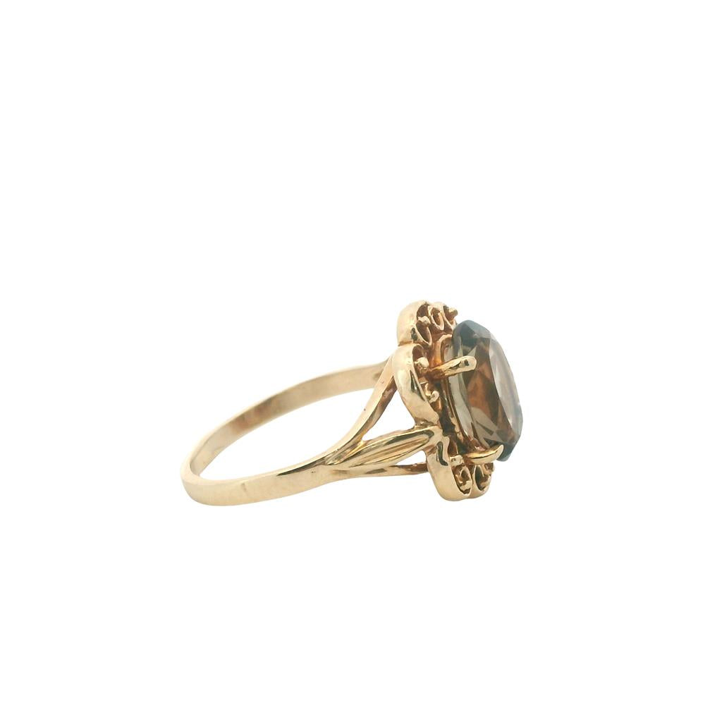 Estate 10K Yellow Gold Smoky Quartz Ring - Vintage Filigree Design Size 6.5