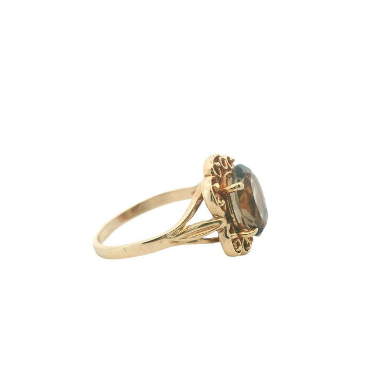 Estate 10K Yellow Gold Smoky Quartz Ring - Vintage Filigree Design Size 6.5