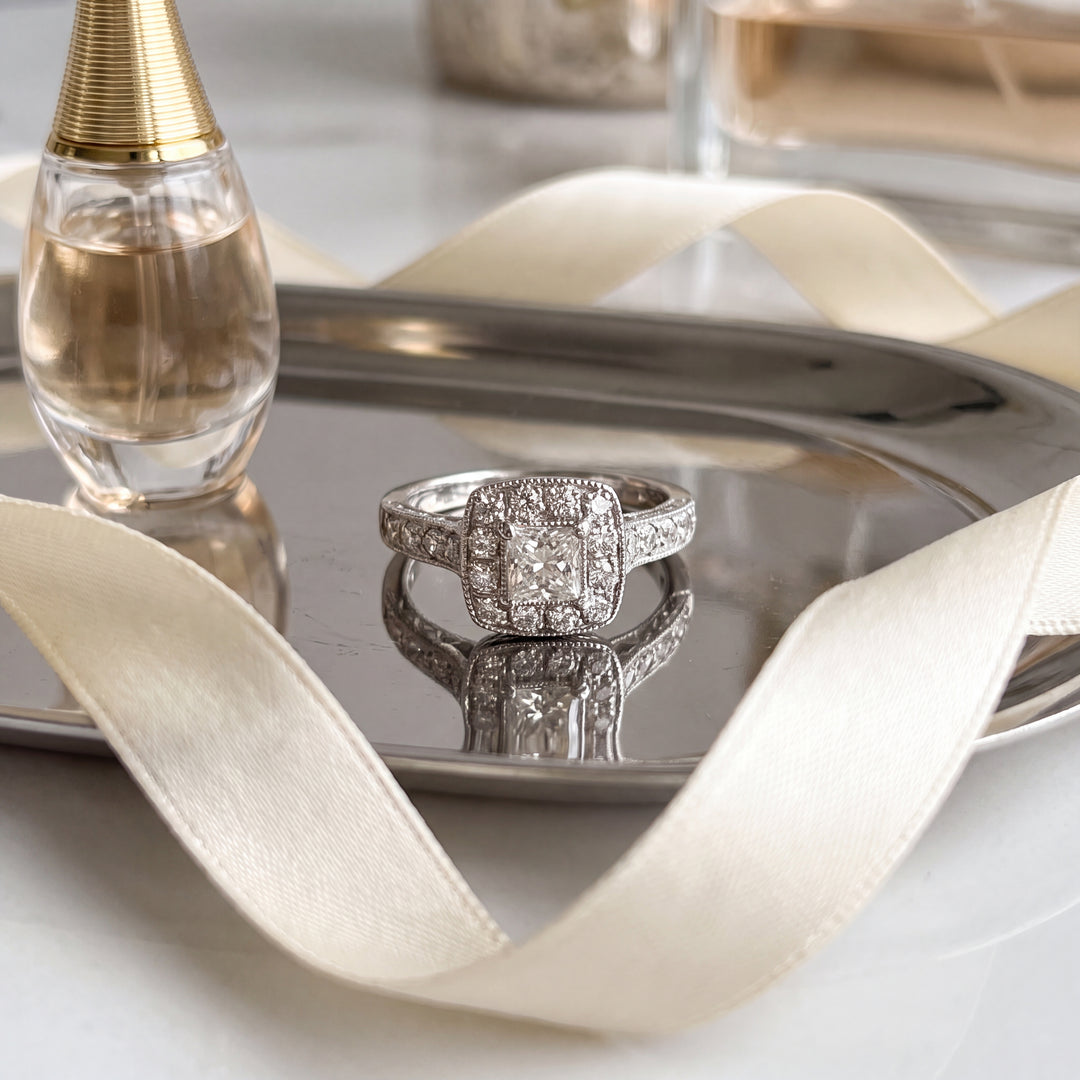 Estate 14K White Gold Princess Cut Diamond Halo Filigree Cathedral Engagement Ring