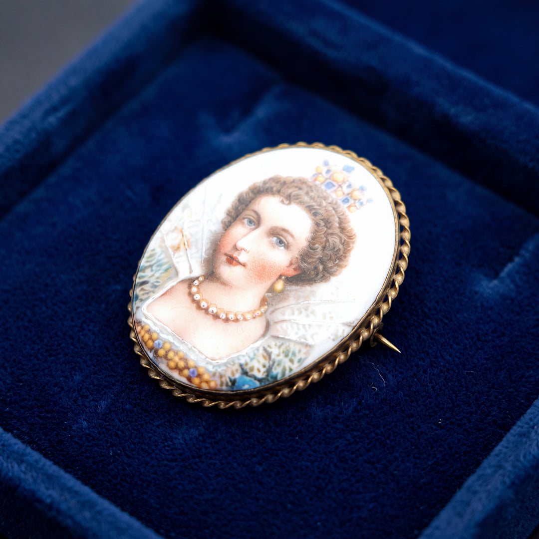 Estate Yellow Base Metal Mini Framed Portrait Pin, Edwardian