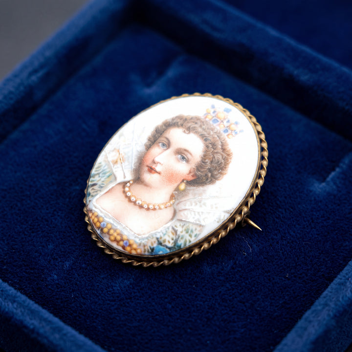 Estate Yellow Base Metal Mini Framed Portrait Pin, Edwardian