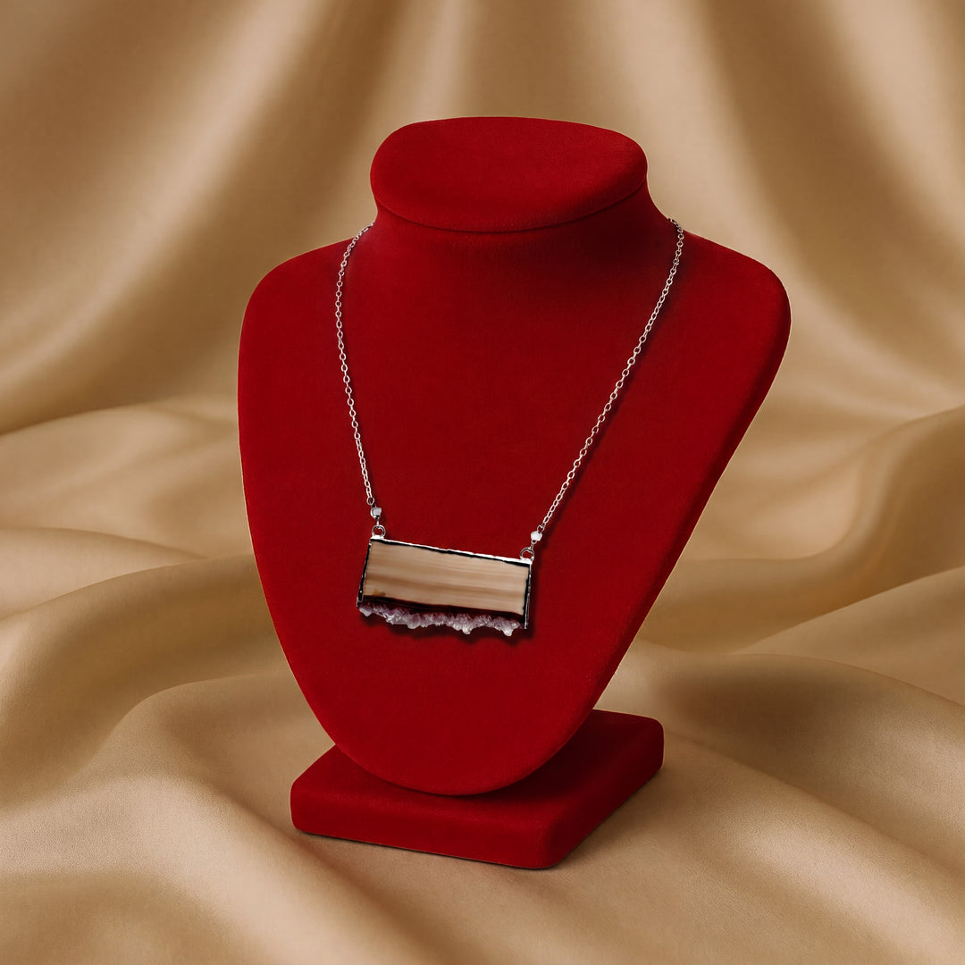 Estate Sterling Silver Agate Druzy Slab & Quartz Bead Necklace