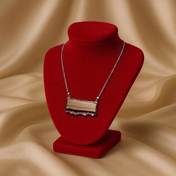 Estate Sterling Silver Agate Druzy Slab & Quartz Bead Necklace