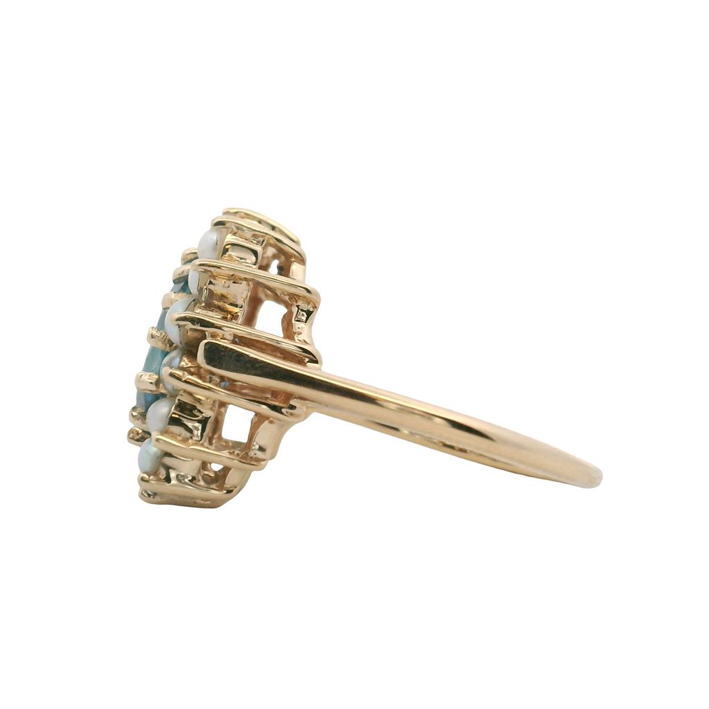 Estate 14K Yellow Gold Blue Topaz Pearl Halo Ring
