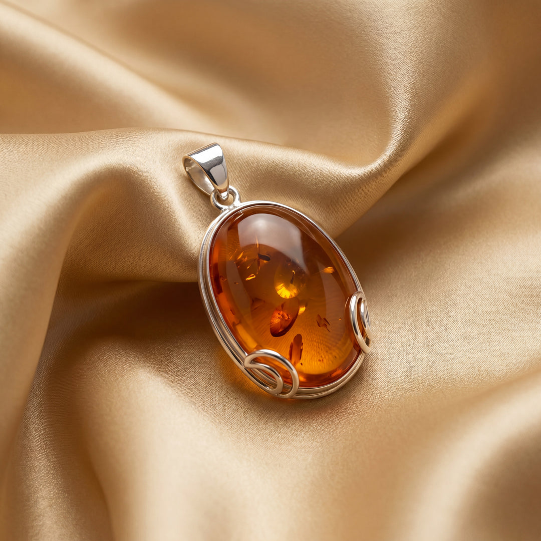 Estate Sterling Silver Oval Amber Pendant